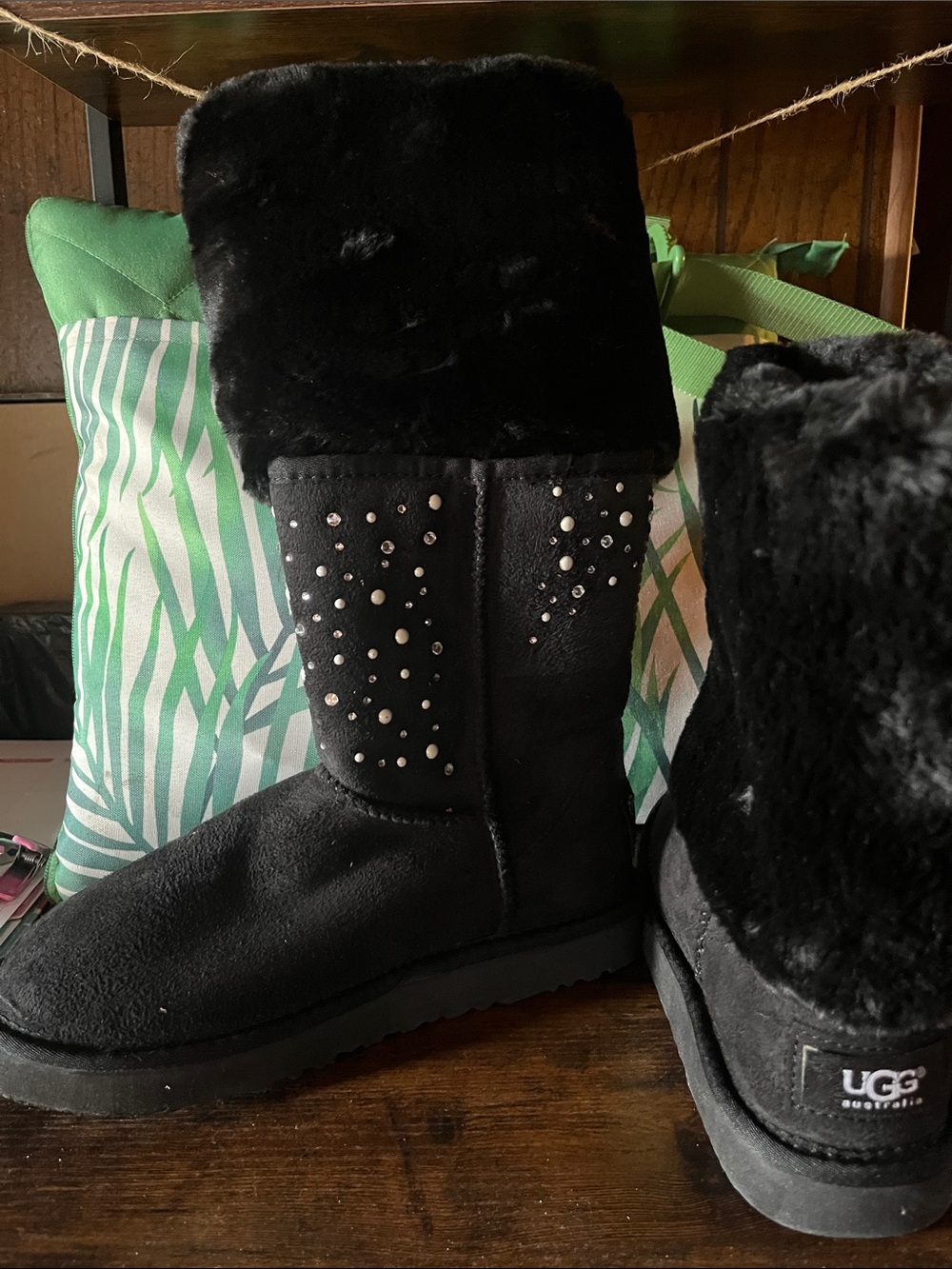 UGG Black Faux Fur Studded Mid-Calf Boots